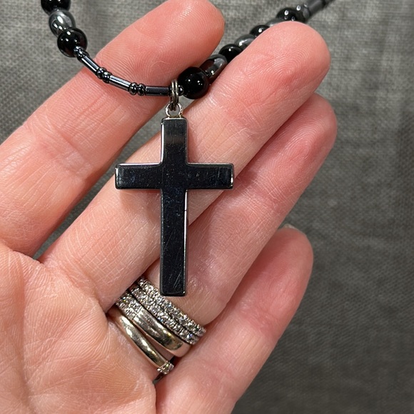 Hematite Slovakian Crystal Cross Pendant Necklace - Picture 6 of 9